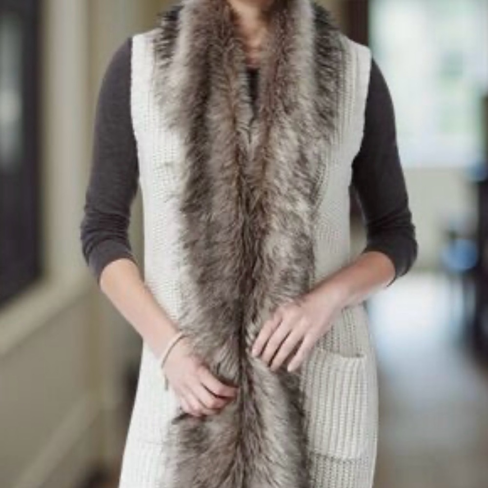 Jessica Simpson Beige Faux Fur Trim Knit Duster Open Front Cardigan XL Chic